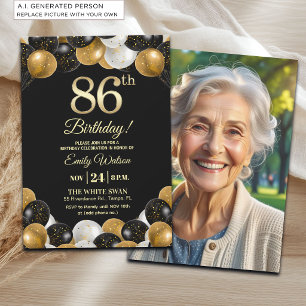 Elegantes Schwarz-Gold-Glitter 86. Geburtstagsfoto Einladung