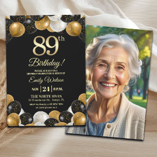 Elegantes Schwarz-Gold-Glitter 89. Geburtstagsfoto Einladung