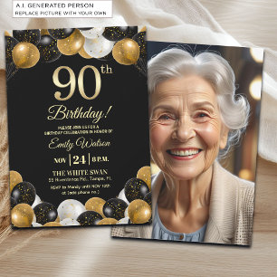 Elegantes Schwarz-Gold-Glitter 90. Geburtstagsfoto Einladung