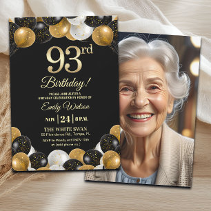 Elegantes Schwarz-Gold-Glitter 93. Geburtstagsfoto Einladung
