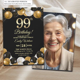 Elegantes Schwarz-Gold-Glitter 99. Geburtstagsfoto Einladung