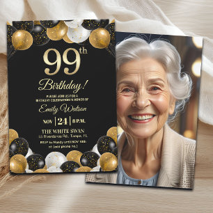 Elegantes Schwarz-Gold-Glitter 99. Geburtstagsfoto Einladung