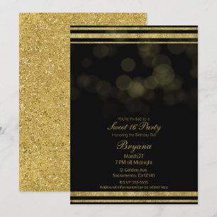 Elegantes Schwarz Gold Glitter Funkeln Süße 16 Par Einladung