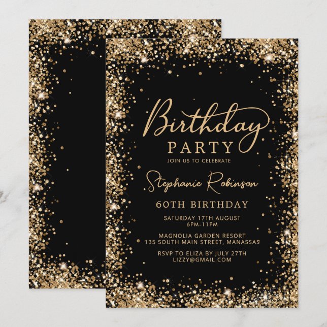 Elegantes Schwarz-Gold-Glitter-Skript zum 60. Gebu Einladung (Vorne/Hinten)