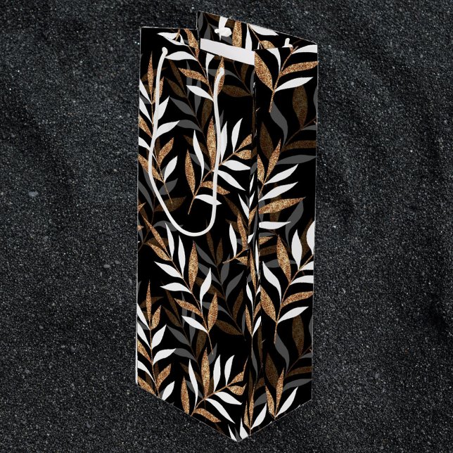 Elegantes Schwarz-Gold-Glitzer-Blätter-Muster Geschenktüte Für Weinflaschen (Von Creator hochgeladen)