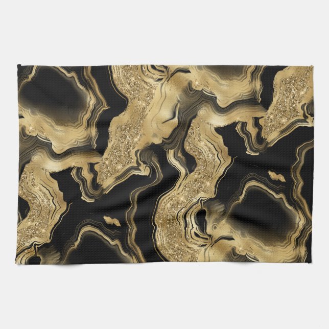 Elegantes Schwarz-Gold-Glitzer-Muster Geschirrtuch (Horizontal)