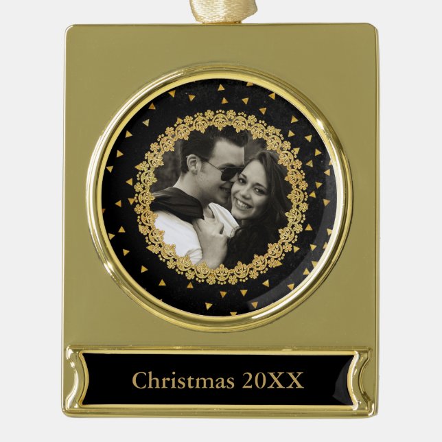 Elegantes Schwarz-Gold-Glitzern-Foto Banner-Ornament Gold (Vorderseite)