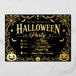 Elegantes Schwarz-Gold-Halloween Folieneinladung
