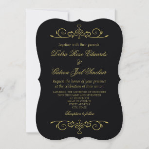 Elegantes Schwarz-Gold-Herz-Blüh Hochzeit Einladung
