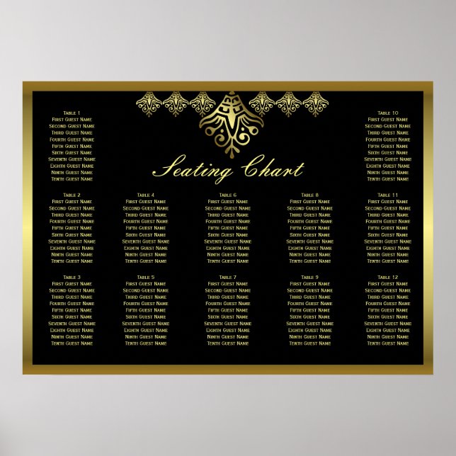 Elegantes Schwarz-Gold-Hochzeitsdiagramm Poster (Vorne)