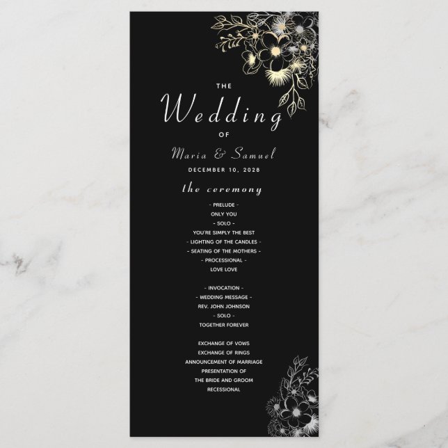 Elegantes Schwarz-Gold-Hochzeitsprogramm Programm (Vorderseite)