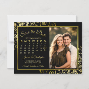 Elegantes Schwarz-Gold-Kalender-Foto-Save-the-Date Magneteinladung