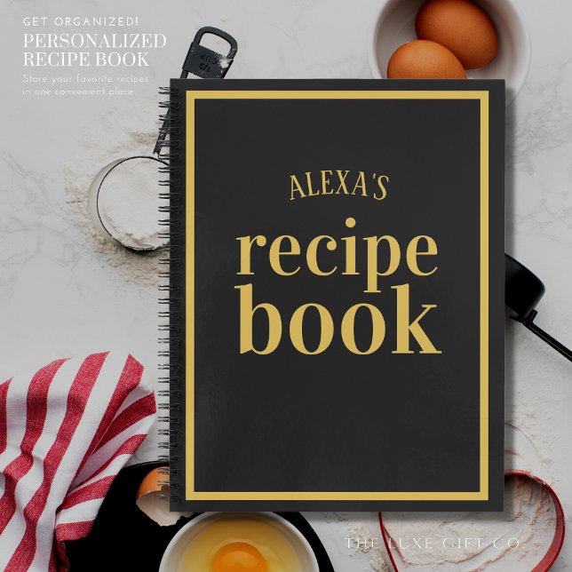 Elegantes Schwarz-Gold-Leere Rezept mit Name Notizbuch (Von Creator hochgeladen)