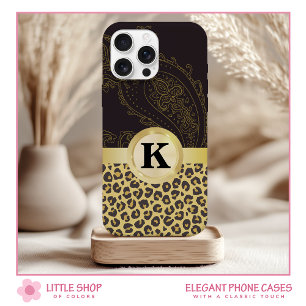 Elegantes Schwarz-Gold-Leopard-Farbdruckmonogramm Case-Mate iPhone Hülle