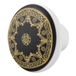 Elegantes Schwarz-Gold-Mandala-Muster Keramikknauf