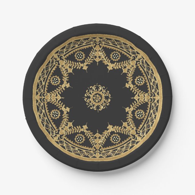 Elegantes Schwarz-Gold-Mandala-Muster Pappteller (Vorderseite)