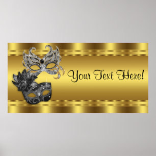 Elegantes Schwarz-Gold-Masquerade-Party-Banner Poster