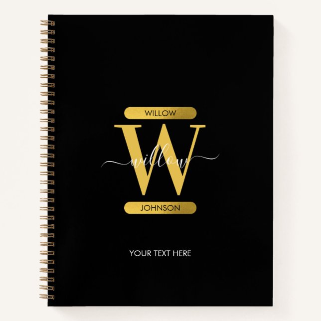 Elegantes Schwarz & Gold Monogram modern Notizbuch (Vorderseite)