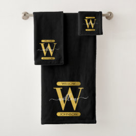 Elegantes Schwarz & Gold Monogram Modernes Skript Badhandtuch Set