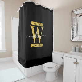 Elegantes Schwarz & Gold Monogram Modernes Skript Duschvorhang
