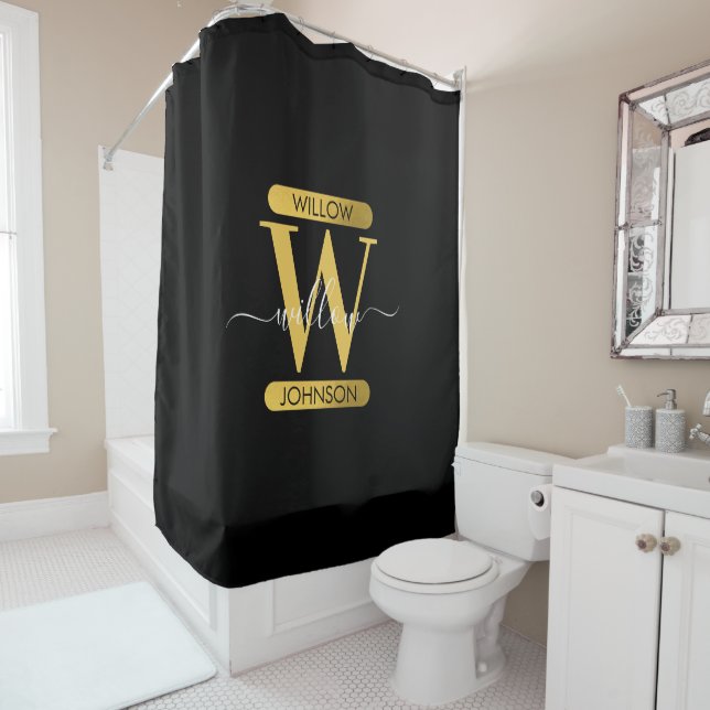 Elegantes Schwarz & Gold Monogram Modernes Skript Duschvorhang (Beispiel)