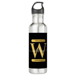 Elegantes Schwarz & Gold Monogram Modernes Skript Edelstahlflasche