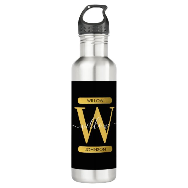 Elegantes Schwarz & Gold Monogram Modernes Skript Edelstahlflasche (Vorderseite)