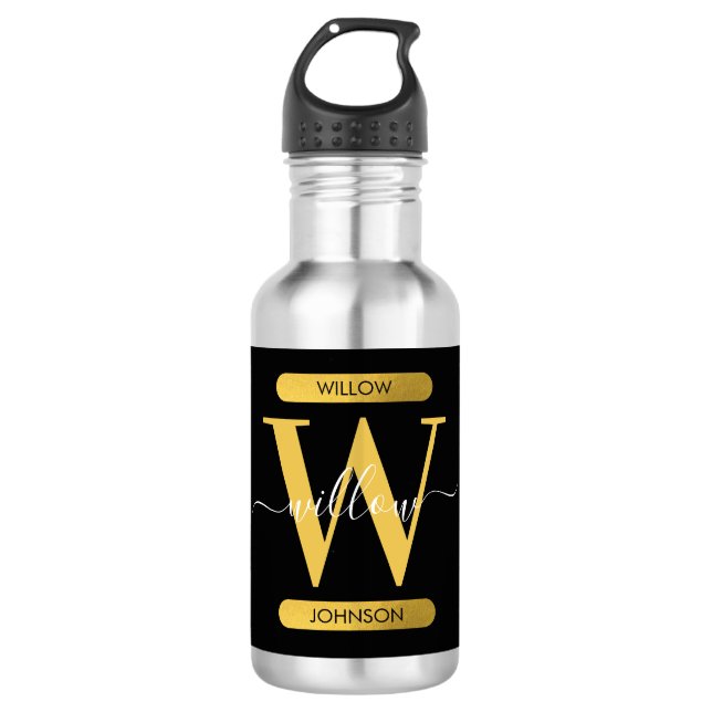 Elegantes Schwarz & Gold Monogram Modernes Skript Edelstahlflasche (Vorderseite)