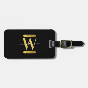 Elegantes Schwarz & Gold Monogram Modernes Skript Gepäckanhänger