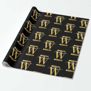 Elegantes Schwarz & Gold Monogram Modernes Skript Geschenkpapier