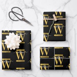 Elegantes Schwarz & Gold Monogram Modernes Skript Geschenkpapier Set