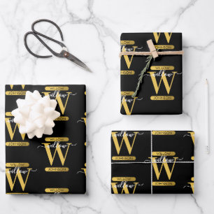 Elegantes Schwarz & Gold Monogram Modernes Skript Geschenkpapier Set