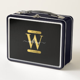 Elegantes Schwarz & Gold Monogram Modernes Skript Metall Brotdose