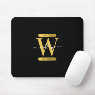 Elegantes Schwarz & Gold Monogram Modernes Skript Mousepad