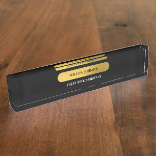 Elegantes Schwarz & Gold Monogram Modernes Skript Namensplakette