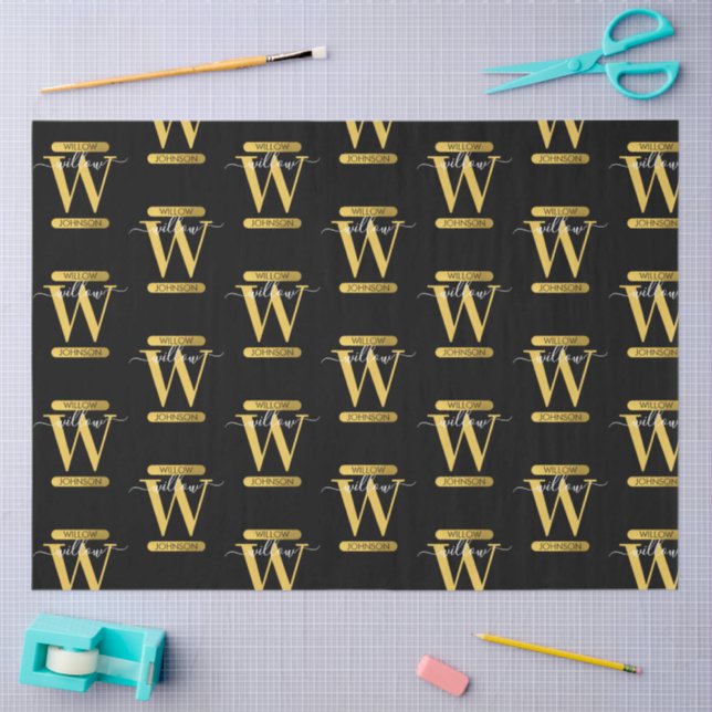 Elegantes Schwarz & Gold Monogram Modernes Skript Seidenpapier (Basteln)