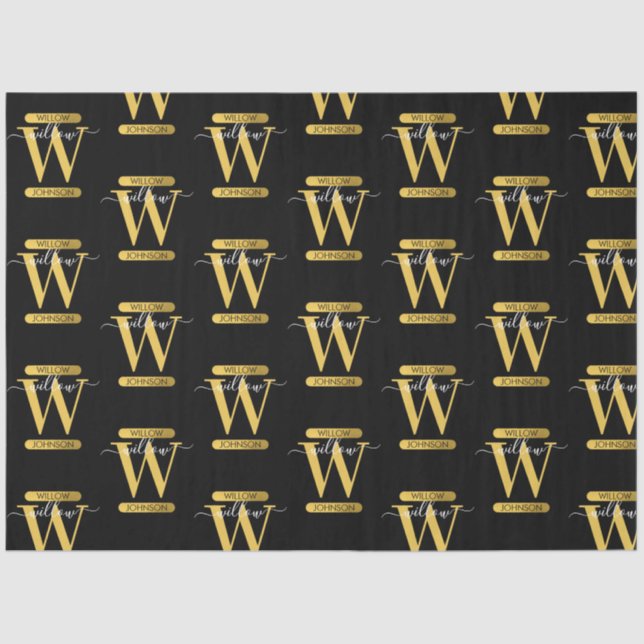 Elegantes Schwarz & Gold Monogram Modernes Skript Seidenpapier (Vorderseite)