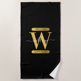 Elegantes Schwarz & Gold Monogram Modernes Skript Strandtuch