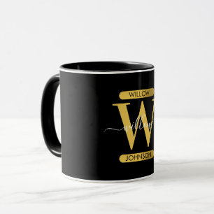 Elegantes Schwarz & Gold Monogram Modernes Skript Tasse
