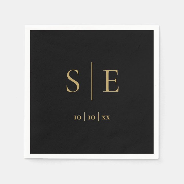 Elegantes Schwarz-Gold-Monogramm-Datum Minimalisti Serviette (Vorderseite)