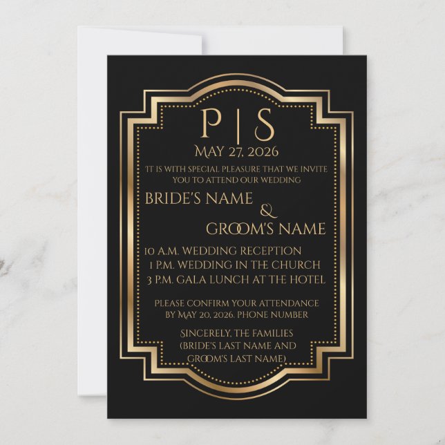 Elegantes Schwarz & Gold Monogramm Einladung (Vorderseite)