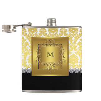 Elegantes Schwarz-Gold-Monogramm Flachmann
