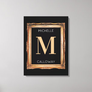 Elegantes Schwarz & Gold Monogramm Leinwanddruck