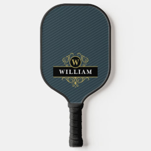 Elegantes Schwarz-Gold-Monogramm-Pinstripe Pickleball Schläger