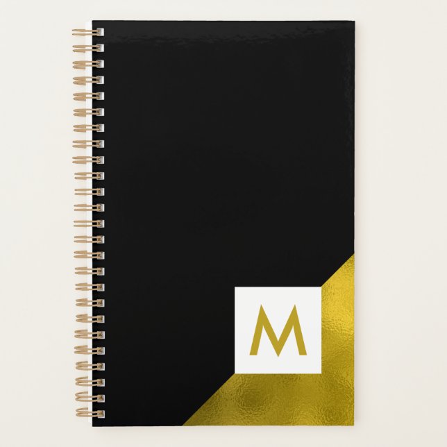 Elegantes Schwarz-Gold Monogramm Planer (Vorderseite)