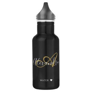 Elegantes Schwarz-Gold-Monogramm-Schriftzug-Name-F Edelstahlflasche