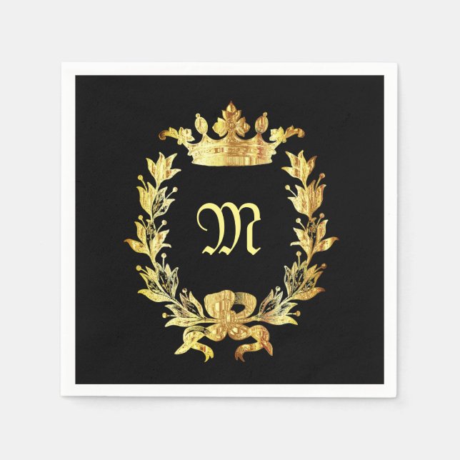 Elegantes Schwarz-Gold-Monogramm Serviette (Vorderseite)