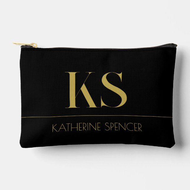 Elegantes Schwarz-Gold Monogramm Zubehörtasche (Vorderseite)