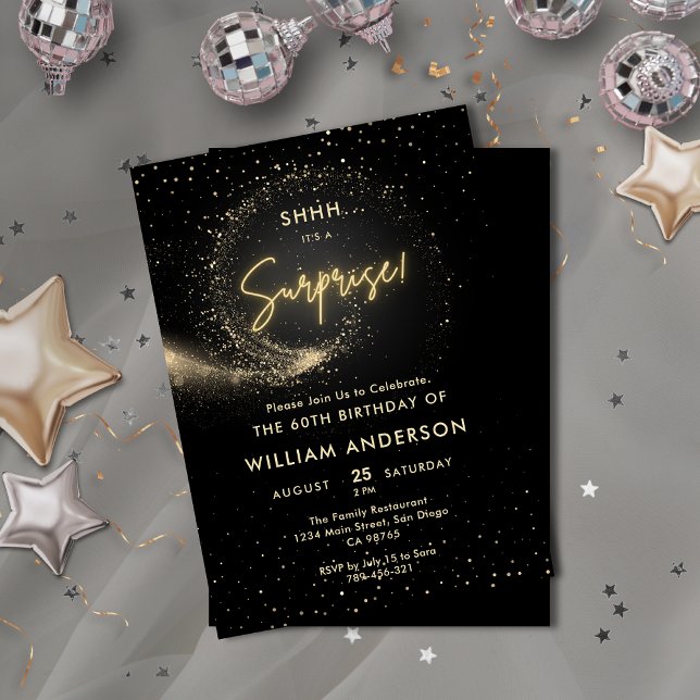 Elegantes Schwarz-Gold-Party Glitzer Einladung (Elegant Glitter Black and Gold Surprise Party Invitation)