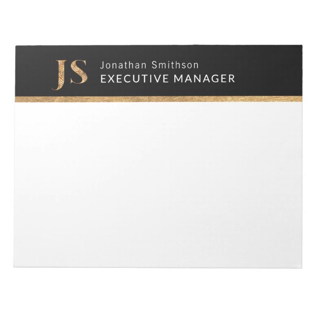 Elegantes Schwarz-Gold-Personalisiertes Monogramm Notizblock (Vorderseite)